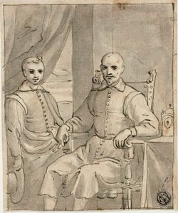 座っている聖職者と立っている少年の肖像 作： Bernardo Castello