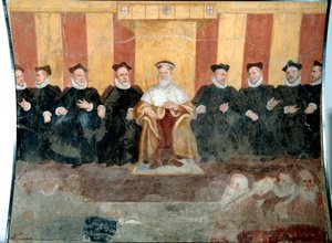 ジュネスのドージェ、ジャコモ・ドゥラッツォ・グリマルディ（1503年頃～1579年）が上院議員を囲んでいる様子 ベルナルド・カステッロ（1557～1629）のフレスコ画 16世紀 ジュネス、サン・アゴスティーノ美術館 作： Bernardo Castello