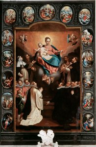 子連れの聖母とロザリオの秘義 - ベルナルド・カステッロ（1557-1629）（中央）とパオロ・ジェロラモ・ピオラ（1666-1724）の絵画 イタリア、サンタ・マルゲリータ・リグレ教会 作： Bernardo Castello