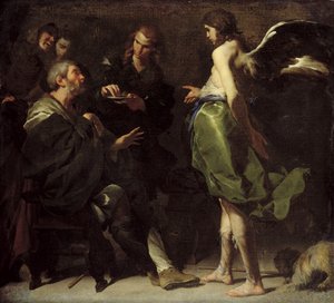 若いトビアスは彼の盲目の父、1640年代頃を癒します 作： Bernardo Cavallino