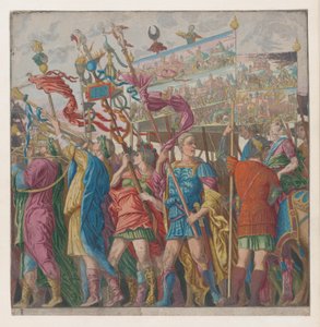 シート 1: ユリウス・カエサルの勝利を収めた軍事的功績を描いた旗を掲げる兵士たち、...、1599 年。