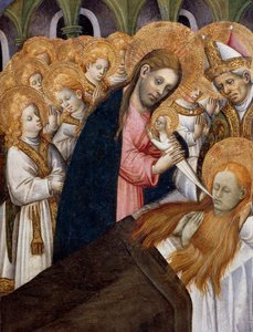 マグダラのマリアの死」、ベルナート・マルトレル（約1400～1452年）による「聖マグダラのマリアの祭壇画」（1437～1452年）の細部、木に描かれています。カタルーニャのゴシック美術。 作： Bernardo Martorell