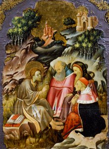 洗礼者ヨハネの説教」ベルナート・マルトレル（1400年頃～1452年）作、ヴィック大聖堂の祭壇画のプレデラの詳細、木に描かれています。カタルーニャのゴシック美術。