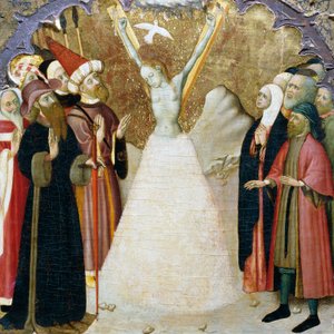聖エウラリアの殉教」ベルナート・マルトレル（約1400～1452年）作、ヴィック大聖堂の祭壇画のプレデラの詳細、木に描かれています。カタルーニャのゴシック美術。