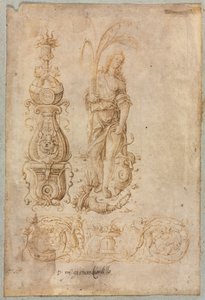 燭台のデザイン、寓意的な豊かさの図、装飾的なレリーフデザイン、c。 1490年代。 作： Bernardo Parentino