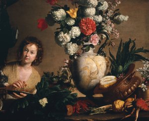棚の上の花、果物、野菜、魚介類の静物、チェリーの皿を持った人物（キャンバスに油彩）