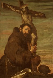 十字架を抱きしめるアッシジの聖フランチェスコ、c1600-1640。 作： Bernardo Strozzi