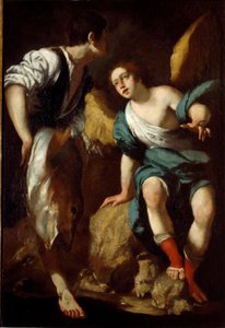 幼いトビーと大天使ラファエロ（トビーと天使）」 ベルナルド・ストロッツィ（1581-1644）の絵画 17世紀 ジュネス 個人蔵