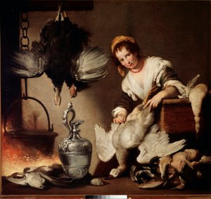 アヒルを配管する料理人の女性。ベルナルド・ストロッツィによる絵画 作： Bernardo Strozzi