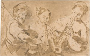 ホルンとパイプを演奏する3人のミュージシャン 作： Bernardo Strozzi