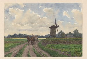 ヴォーデンの風車とワゴンのある風景 作： Bernardus Bueninck (signed by artist)