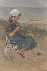 砂丘で編み物をする女の子 作： Bernardus Johannes Blommers