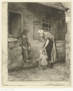 労働者の家の前に座っている老人と一緒に立っている小さな子供を持つ女性 作： Bernardus Johannes Blommers