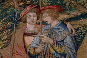 フランダースのタペストリー。 シリーズ The Foundation of Rome: ファウストゥルスがロムルスとレムスに出会う。 漫画家の Barend van Orley (?)。 ブリュッセルの製造。 1525-1530。 詳細。