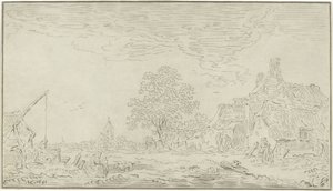 村の風景。左側には井戸がある 作： Bernhard Schreuder