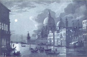 ヴェネツィア、大運河とサンタ・マリア・デッラ・サルーテの夜景」ブリゼッヘルの彫刻（リトグラフ版）