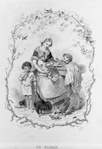 ナナン：若い母親が3人の子供たちに食べ物を与える。1840年、パリ。Jean Anthelme Brillat Savarin (Brillat-Savarin) (1755-1826) フランスの美食家。 作： Bertall