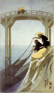 漁師」 橋のそばで大きな網を持つ2人の日本人漁師。
