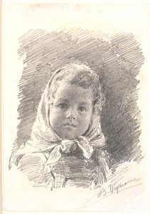 彼女の頭の周りにスカーフを持つ少女の肖像画 作： Bertha Wegmann