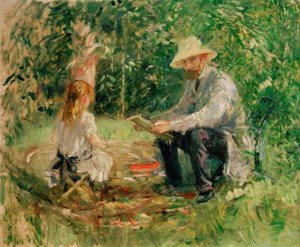庭にいるウジェーヌ・マネと彼の娘 作： Berthe Morisot