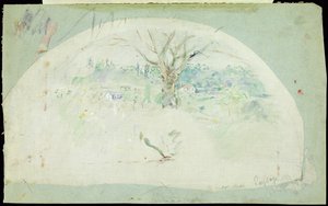 1884年のブージヴァルを描いたファン（油彩、鉛筆、シルク、シルク） 作： Berthe Morisot