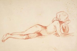 頭にスカーフを巻いて横たわっている裸の若い女の子 作： Berthe Morisot