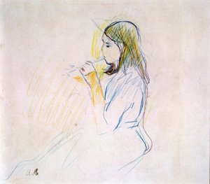 リコーダーを吹くマネの娘」（紙に色鉛筆） 作： Berthe Morisot