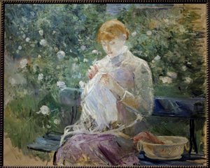 庭で縫い物をしているパシー ベルト・モリゾ（1841-1895）のブギヴァル絵画 1881年 日。0,81x1 m ポー、ボザール美術館（Musee des Beaux Arts
