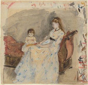 アーティストの姉妹、エドマと彼女の娘、ジャンヌ、1872年（敷設紙にグラファイトの上にトイレ） 作： Berthe Morisot