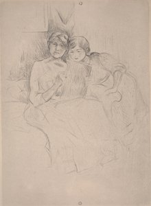 絵を描くレッスン-ベルト・モリゾが娘と一緒に絵を描く、c.1889-90（ドライポイント） 作： Berthe Morisot