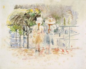 パリのチュイルリー公園の湖畔の手すりにいる 2 人の少女 作： Berthe Morisot