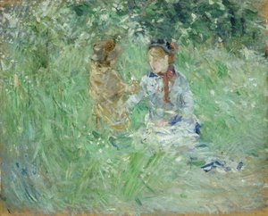 「ブージヴァルの牧草地にいる女性と子供」、1882年