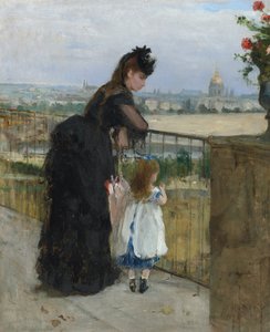 バルコニーの女性と子供
