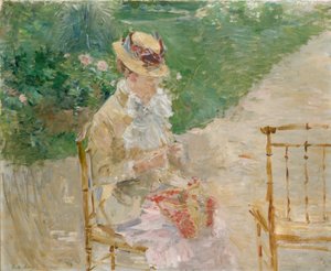 若い女性の編み物、ca。 1883年。 作： Berthe Morisot