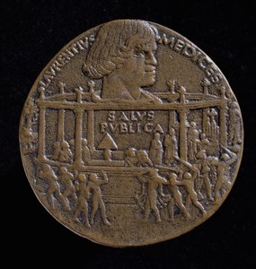 1478年のパッツィの陰謀を記念したロレンツォデメディチ（1449-92）の頭を持つメダル（直腸）（ブロンズ）（Versoは120956を参照）