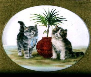 ボウルの中の手のひらに描かれた子猫たち 作： Bessie Bamber