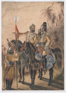 2人の騎乗将校と降車したソワール、第4ベンガル不規則騎兵隊、1850年頃（水彩）