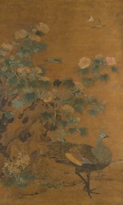 孔雀とタチアオイ、14 世紀半ば。 作： Bian Lu