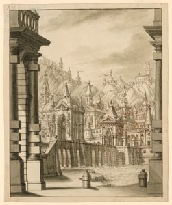 舞台デザイン、小塔のある丘の上の町 作： Bibiena Family, 1657