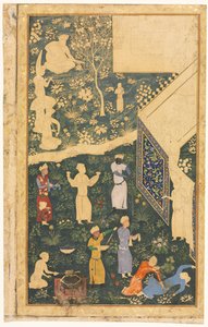 ロイヤルキャンプ野外のミュージシャンと召使c。 1485。 作： Bihzad