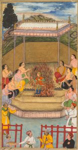 ヤジャとウパヤジャは、ドリシュタディウムナが火の中から出てくるための生け贄を行う...、1598年。 作： Bilal Habshi