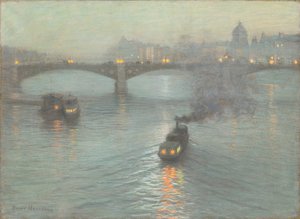 セーヌ川の夕べ、1888年頃（準備されたキャンバスにパステル） 作： Birge Harrison