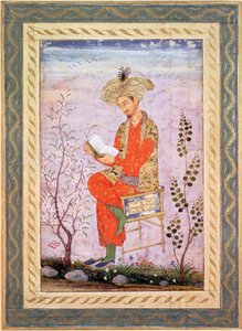 Babur (r.1526-30) Reading、Mughal (紙に水彩) 作： Bishn Das