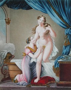 メイドに手を引かれて風呂から上がる女性 1820年頃（カラーエングレーヴィング）