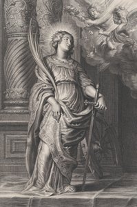ヤシの葉と剣を持った聖カタリナ、月桂冠を頭上に持った 2 つのプティ..., ca. 1625-59。 作： Boetius Adams Bolswert