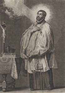聖フランシスコ・ザビエルは、左上から神々しい光を放っています..., ca. 1623-33。 作： Boetius Adams Bolswert