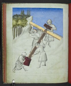 追加 24189、f.11v、「ジョン マンデビル卿の旅の絵本」からの、異なる色で描かれた 4 つの異なる種類の木からのキリストの十字架の組み立て、c.1410 (ベラム) 作： Bohemian School