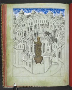 追加 24189、f.9v、コンスタンティノープルの街、聖ソフィア大聖堂の前に立つユスティニアヌス帝の大きな像、「ジョン・マンデヴィル卿の旅の絵本」、1410 年頃 (ベラム) 作： Bohemian School