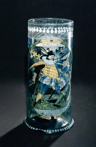 ハンターと女のエナメル装飾が施されたハンペン（トールビーカー）、c.1594（ガラス）