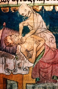 a mort etranglant un pestifere - Death Strangling a Victim of the Plague - Miniature extraite du codex Stini, Boheme 作： Bohemian School